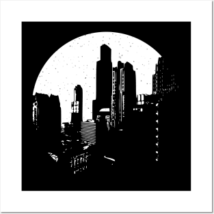 City scape moon silhouette Posters and Art